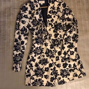 Tan & Navy Blue floral trench coat.